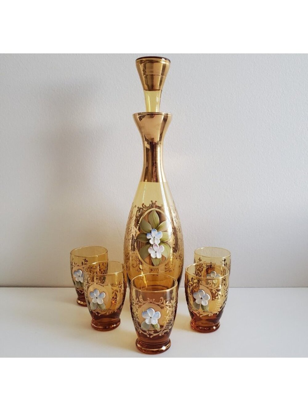 Czech Bohemian Decanter 5 Cordial Glasses Amber Gold Hand Painted Floral Vintage